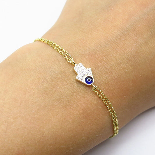 925 Sterling Silver Gold Plated C Z & Enamel Hamsa Rolo Link Bracelet 7.75"