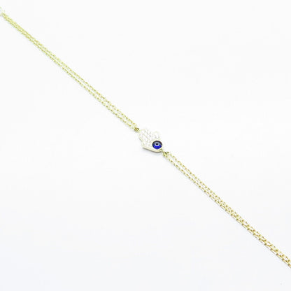 925 Sterling Silver Gold Plated C Z & Enamel Hamsa Rolo Link Bracelet 7.75"