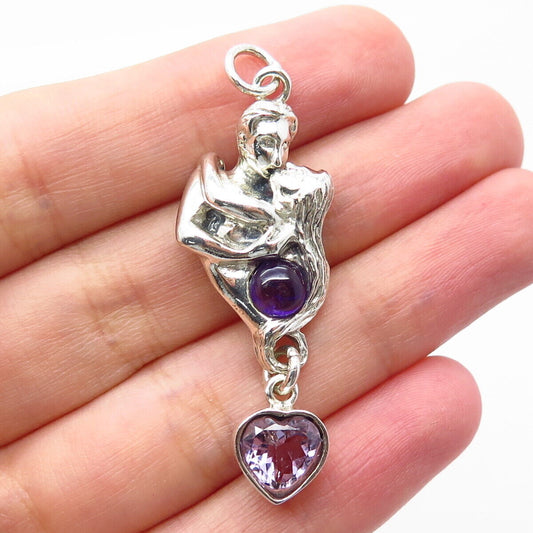 925 Sterling Silver Vintage Real Amethyst Gem Man & Woman Love Kiss Pendant