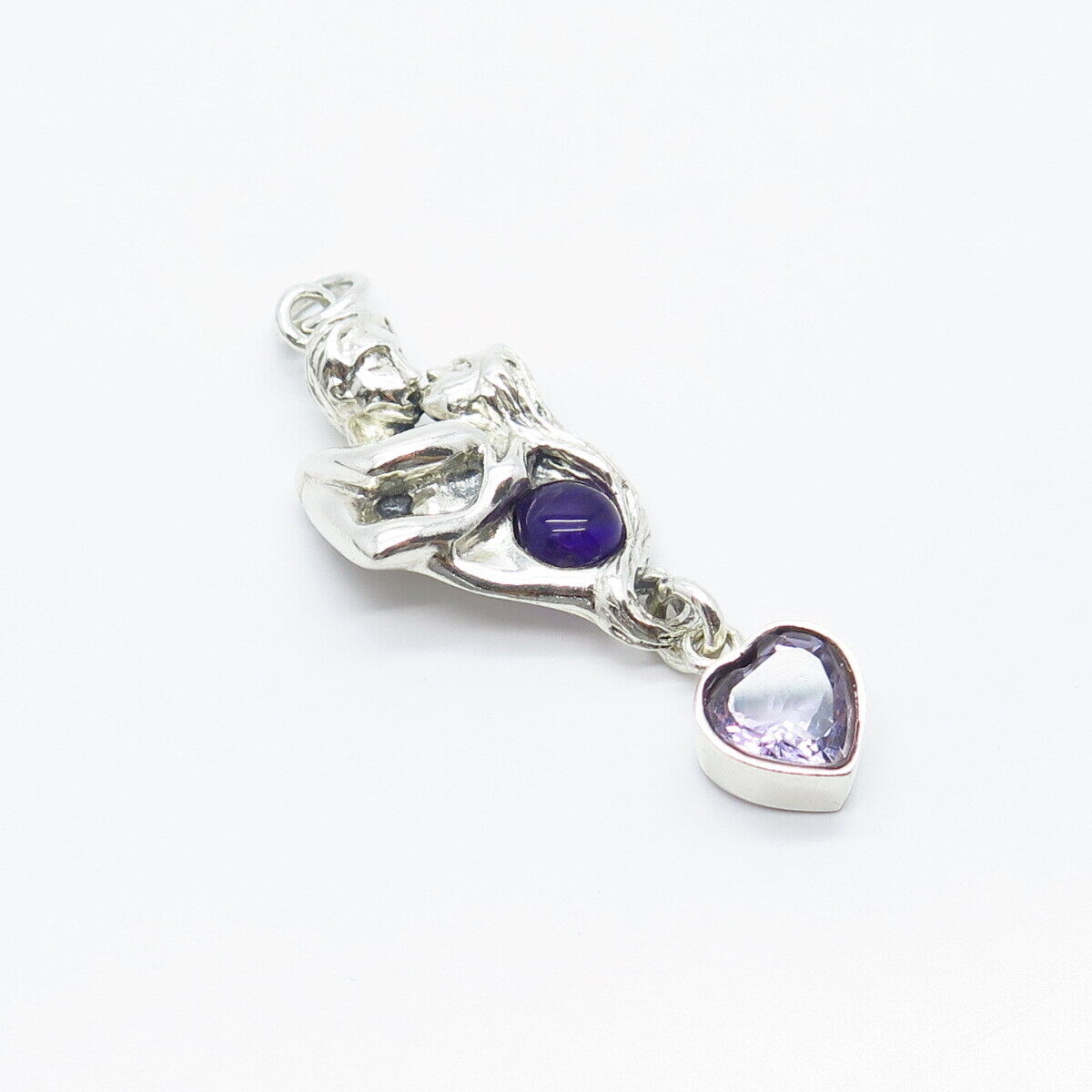 925 Sterling Silver Vintage Real Amethyst Gem Man & Woman Love Kiss Pendant