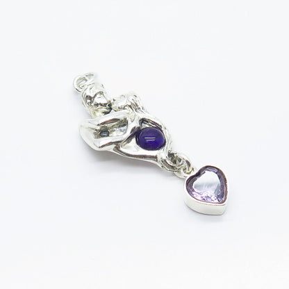 925 Sterling Silver Vintage Real Amethyst Gem Man & Woman Love Kiss Pendant