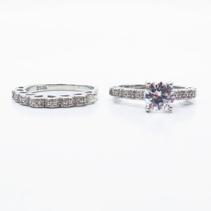 925 Sterling Silver Round-Cut C Z Engagement Set of Two Stackable Rings Size 7.5