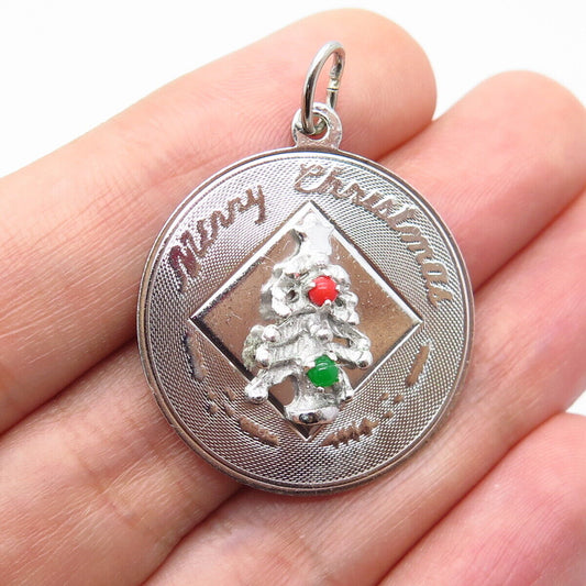 925 Sterling Silver Vintage Real Coral & Green Glass "Merry Christmas" Pendant