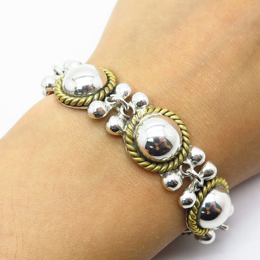 925 Sterling Silver 2-Tone Vintage Mexico Ball Link Bracelet 7.5"