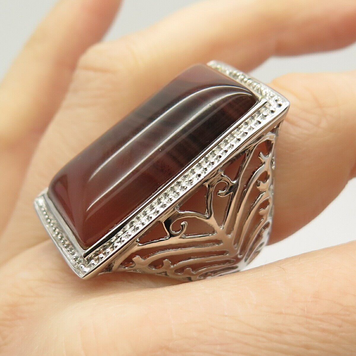 925 Sterling Silver Real Agate Gemstone Wide Ring Size 6 3/4