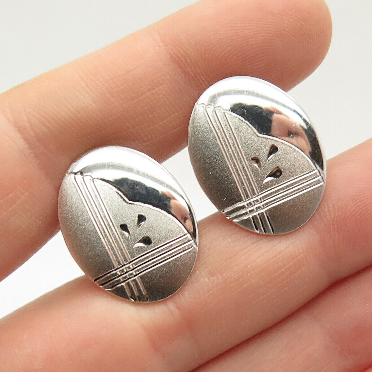 925 Sterling Silver Vintage Etched Striped Oval Cufflinks