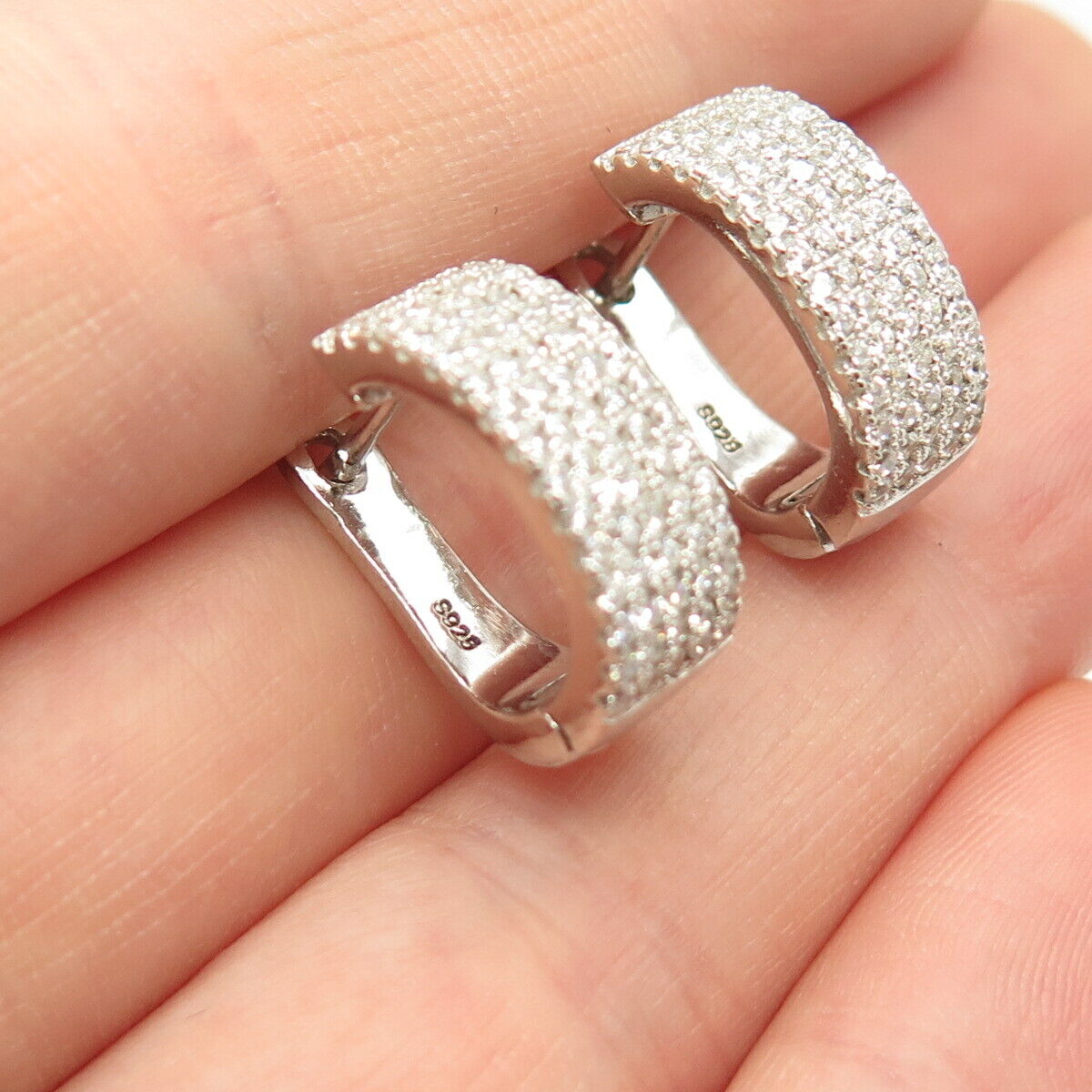 925 Sterling Silver Pave C Z Half Hoop Earrings