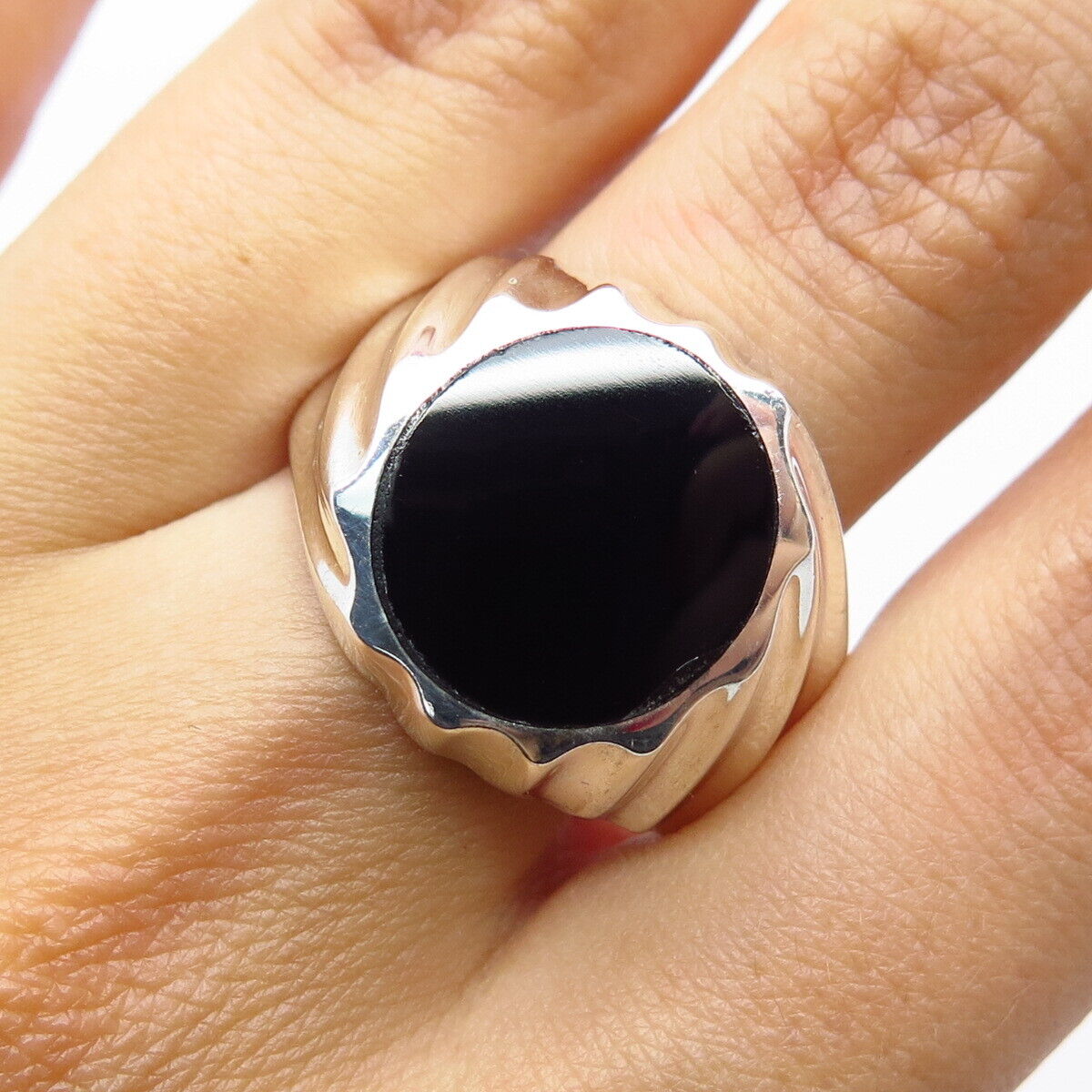 925 Sterling Silver Vintage Real Black Onyx Gemstone Ribbed Ring Size 11