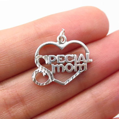 925 Sterling Silver Vintage "Special Mom" Heart Charm Pendant