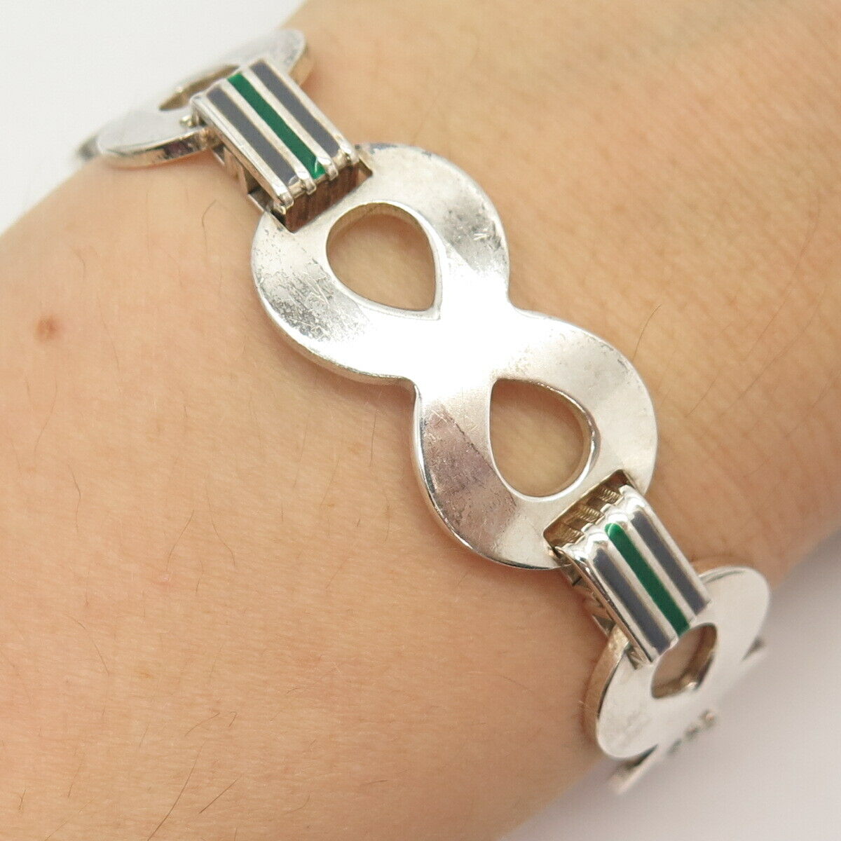 800 Silver Vintage Enamel Infinity Link Bracelet 7 1/4"