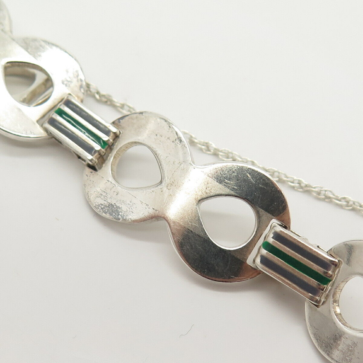 800 Silver Vintage Enamel Infinity Link Bracelet 7 1/4"