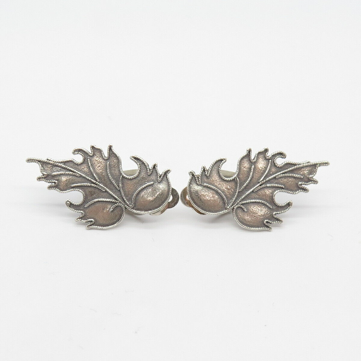 925 Sterling Silver Vintage Textured Leaves Clip On Earrings