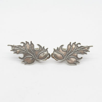 925 Sterling Silver Vintage Textured Leaves Clip On Earrings