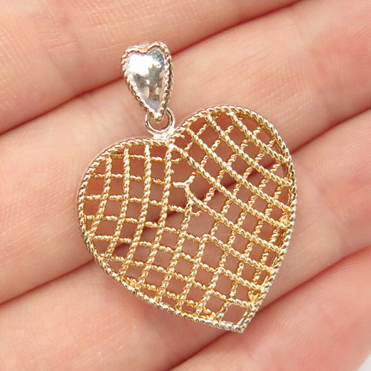 925 Sterling Silver 2-Tone Vintage Cage Heart Pendant