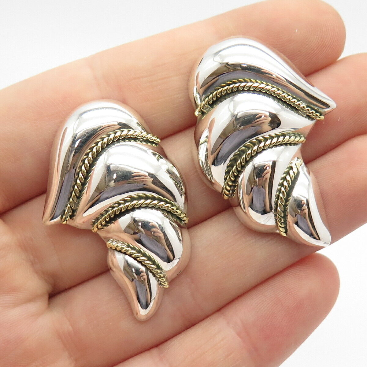 925 Sterling Silver 2-Tone Vintage Mexico Twisted Accent Earrings