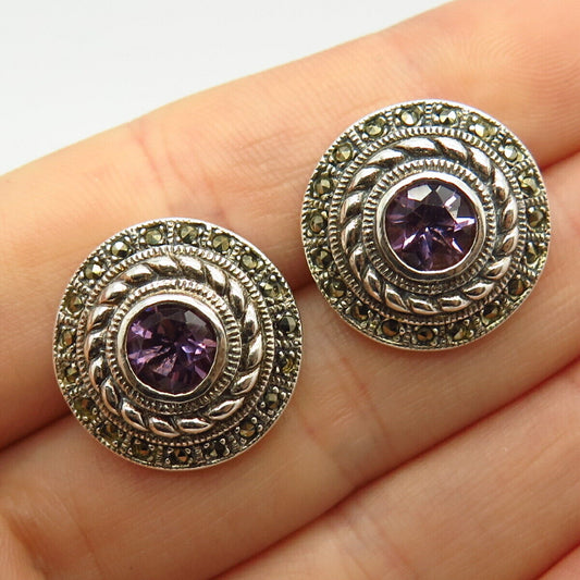 925 Sterling Silver Real Marcasite & Amethyst Gem Twisted Design Round Earrings