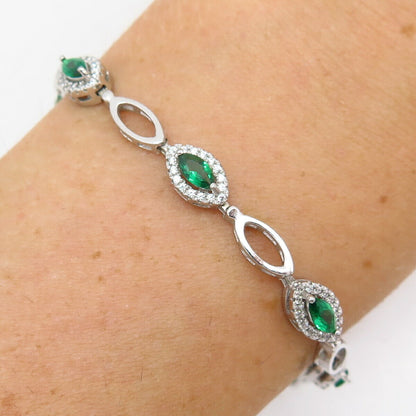 925 Sterling Silver White & Green C Z All Around Oval Link Bracelet 7-8"