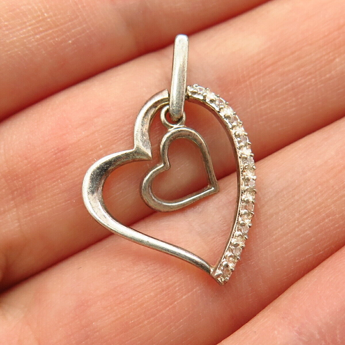 925 Sterling Silver C Z Double Open Heart Design Slide Pendant