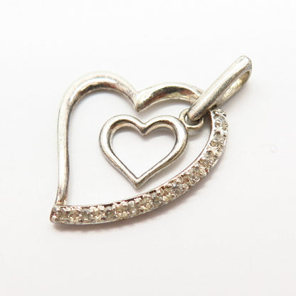 925 Sterling Silver C Z Double Open Heart Design Slide Pendant