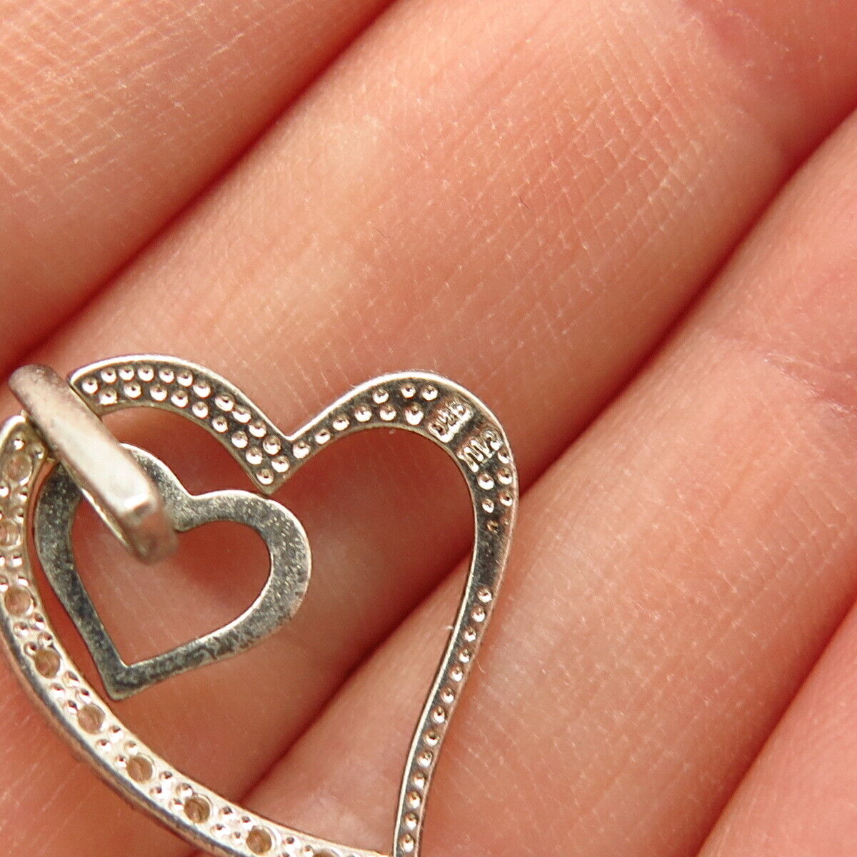 925 Sterling Silver C Z Double Open Heart Design Slide Pendant