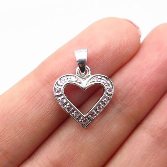 925 Sterling Silver Pink C Z Open Heart Pendant