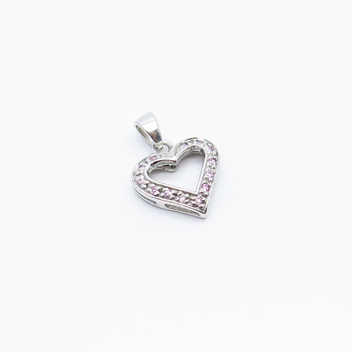 925 Sterling Silver Pink C Z Open Heart Pendant