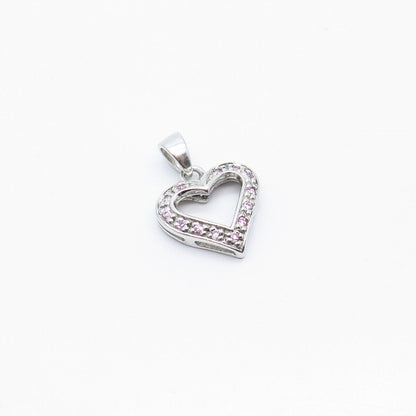 925 Sterling Silver Pink C Z Open Heart Pendant