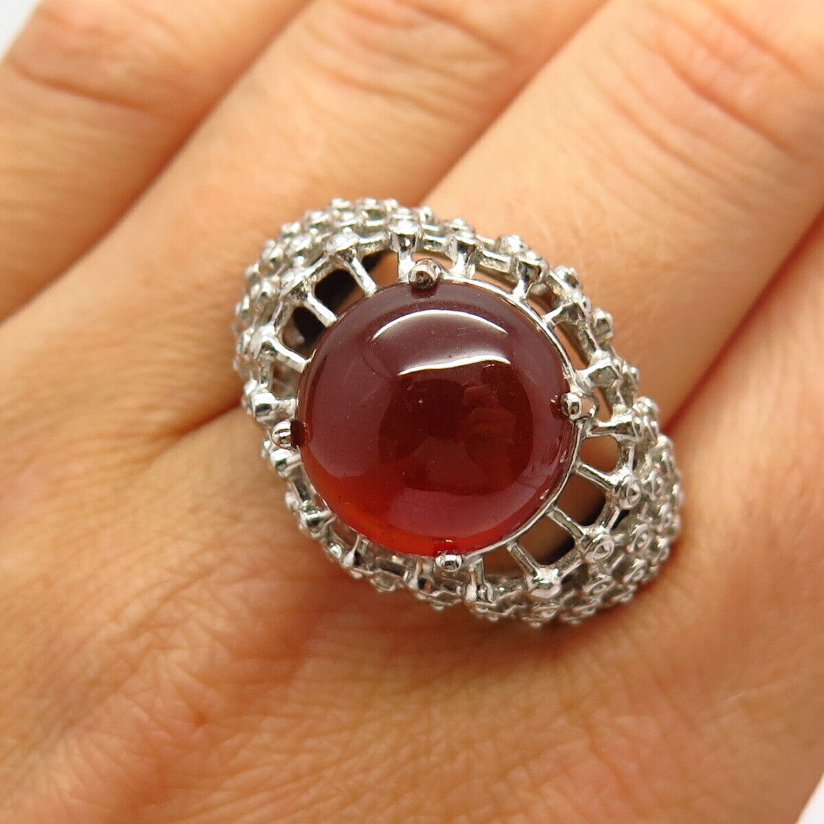 925 Sterling Silver Real Carnelian Gem Grid Design Domed Statement Ring