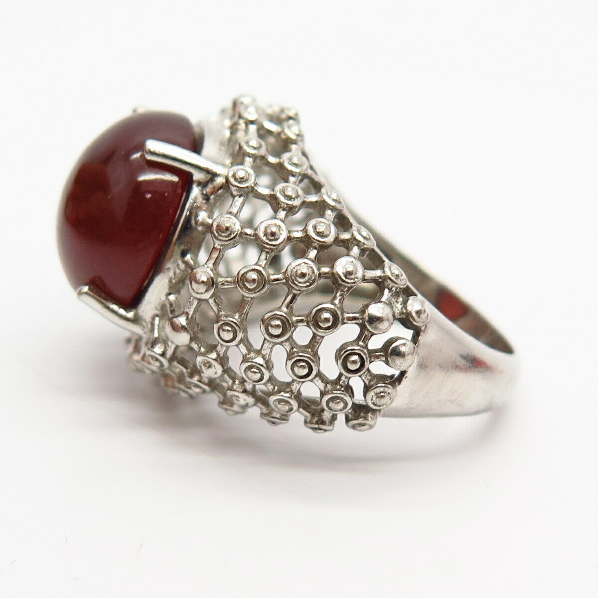 925 Sterling Silver Real Carnelian Gem Grid Design Domed Statement Ring