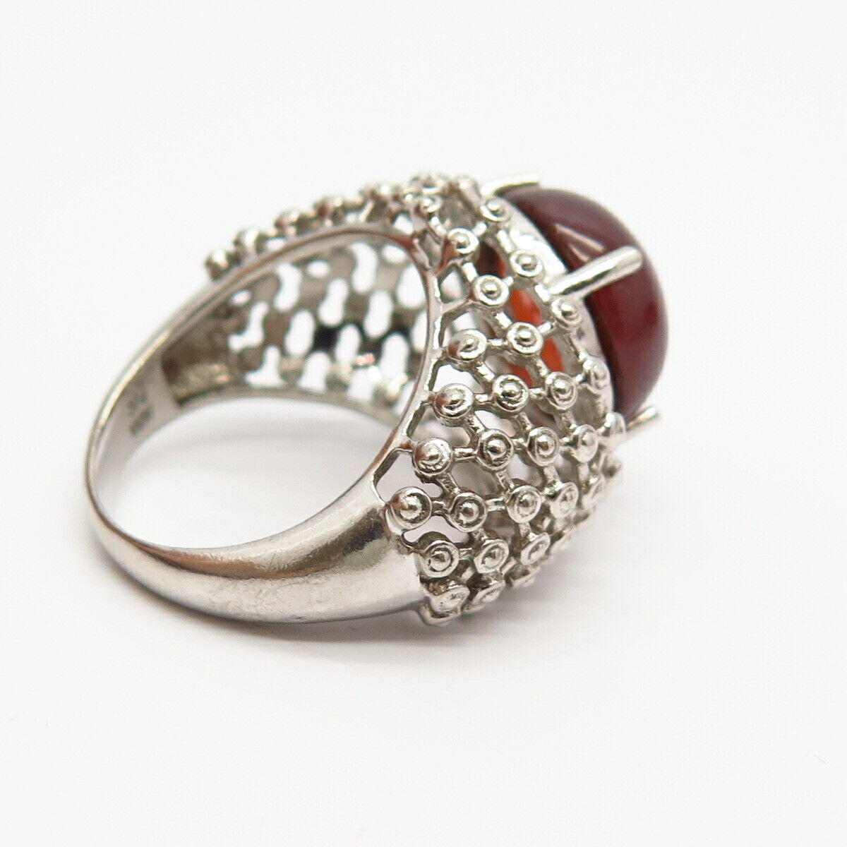 925 Sterling Silver Real Carnelian Gem Grid Design Domed Statement Ring