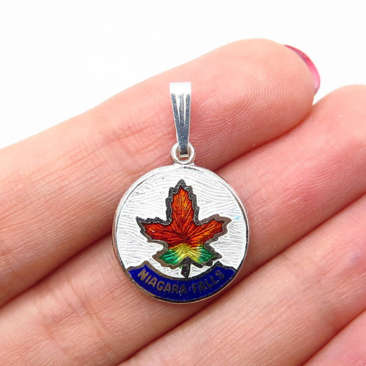 925 Sterling Silver Vintage BMCo Colorful Enamel Maple Leaf Charm Pendant