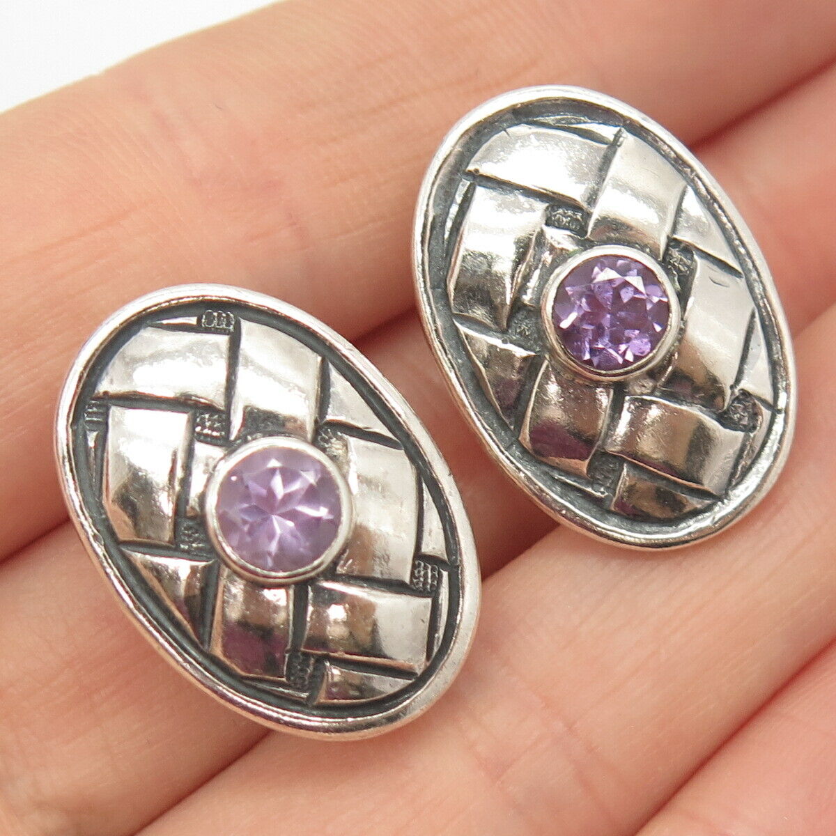 925 Sterling Silver Vintage Real Amethyst Gemstone Wicker Earrings