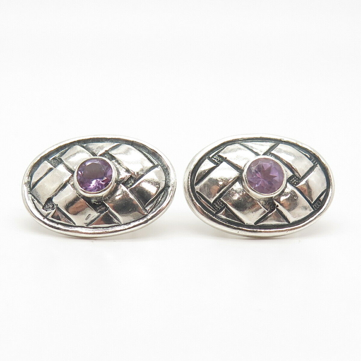 925 Sterling Silver Vintage Real Amethyst Gemstone Wicker Earrings