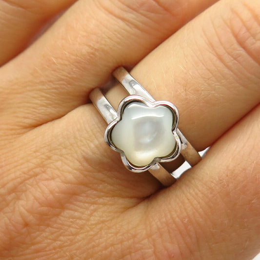 925 Sterling Silver Real Mother-Of-Pearl Floral Design Ring Size 8 1/4