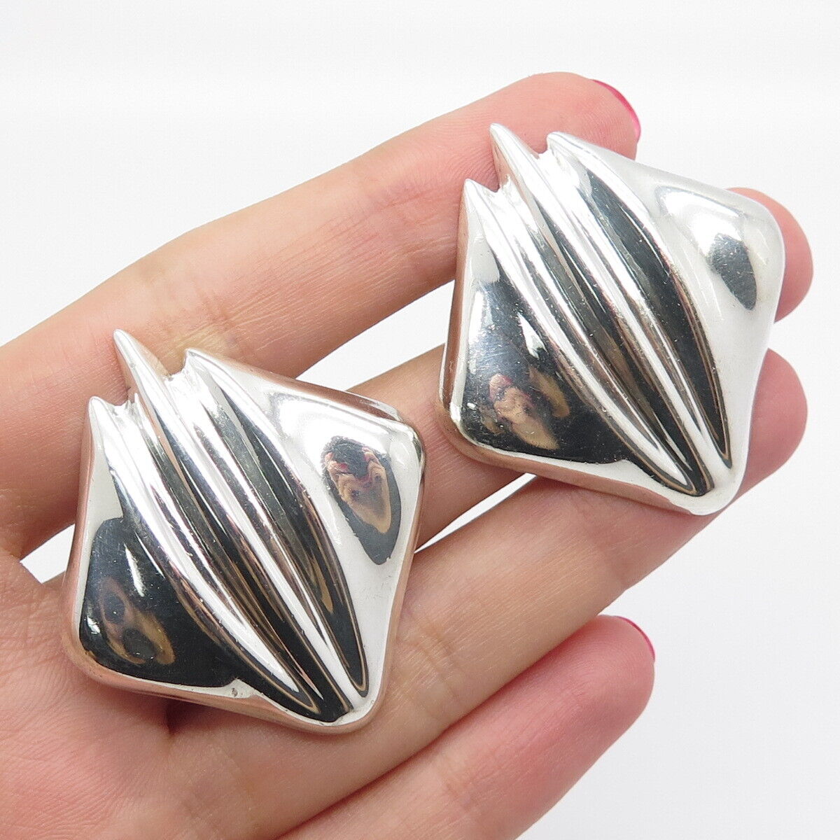 925 Sterling Silver Vintage Mexico Ribbed Clip On Earrings