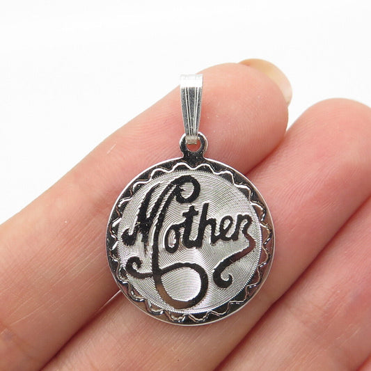 925 Sterling Silver Vintage "Mother" Textured Round Pendant