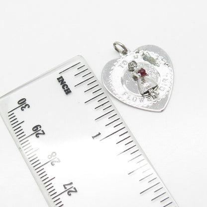 925 Sterling Silver Vintage SAS Real Ruby Gem "To My Flower Girl" Heart Pendant