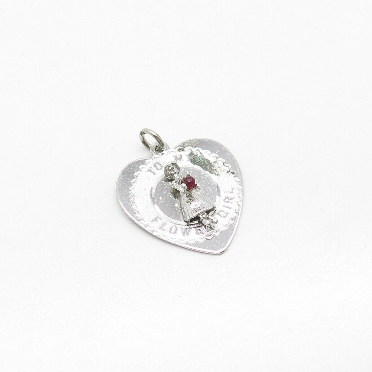 925 Sterling Silver Vintage SAS Real Ruby Gem "To My Flower Girl" Heart Pendant