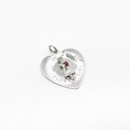 925 Sterling Silver Vintage SAS Real Ruby Gem "To My Flower Girl" Heart Pendant