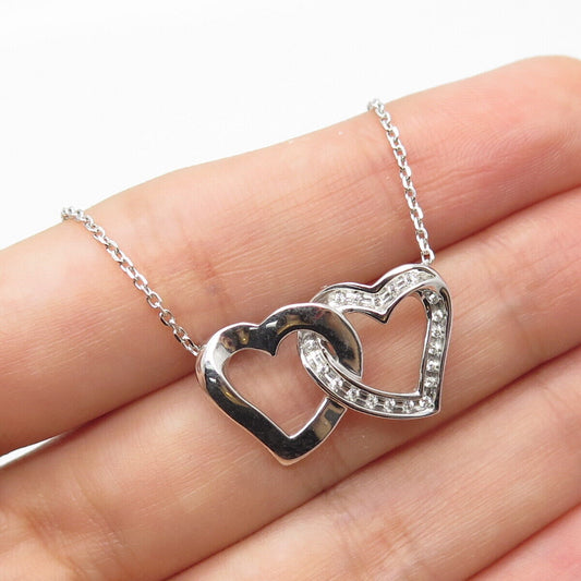 925 Sterling Silver Italy C Z Couple of Hearts Rolo Chain Necklace 24"