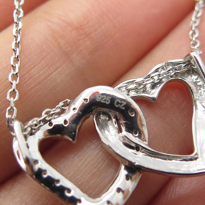 925 Sterling Silver Italy C Z Couple of Hearts Rolo Chain Necklace 24"
