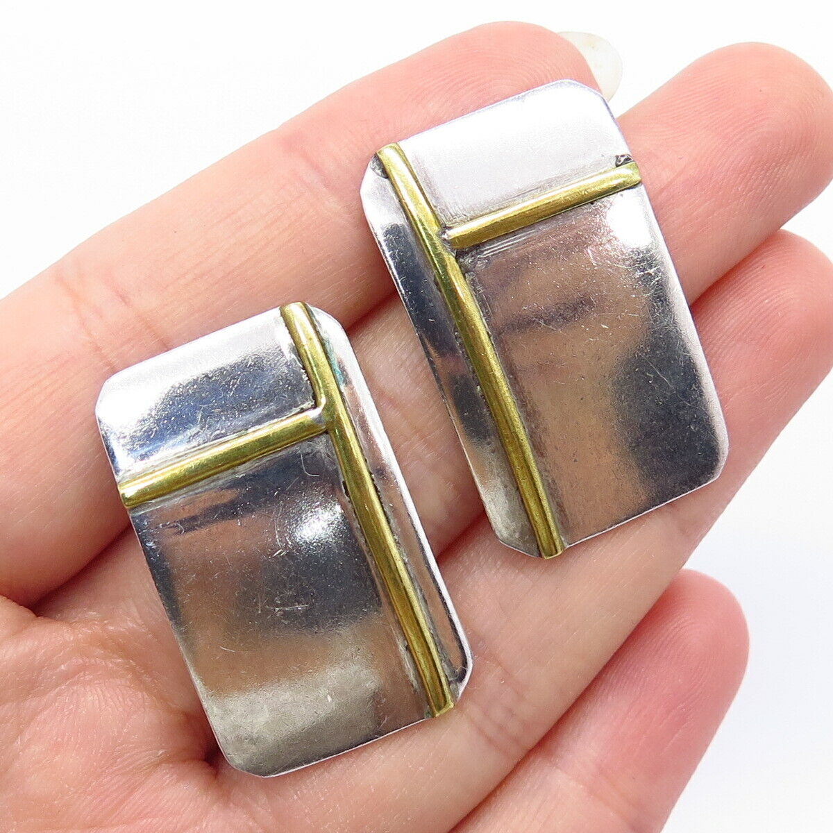 925 Sterling Silver 2-Tone Vintage Modernist Earrings