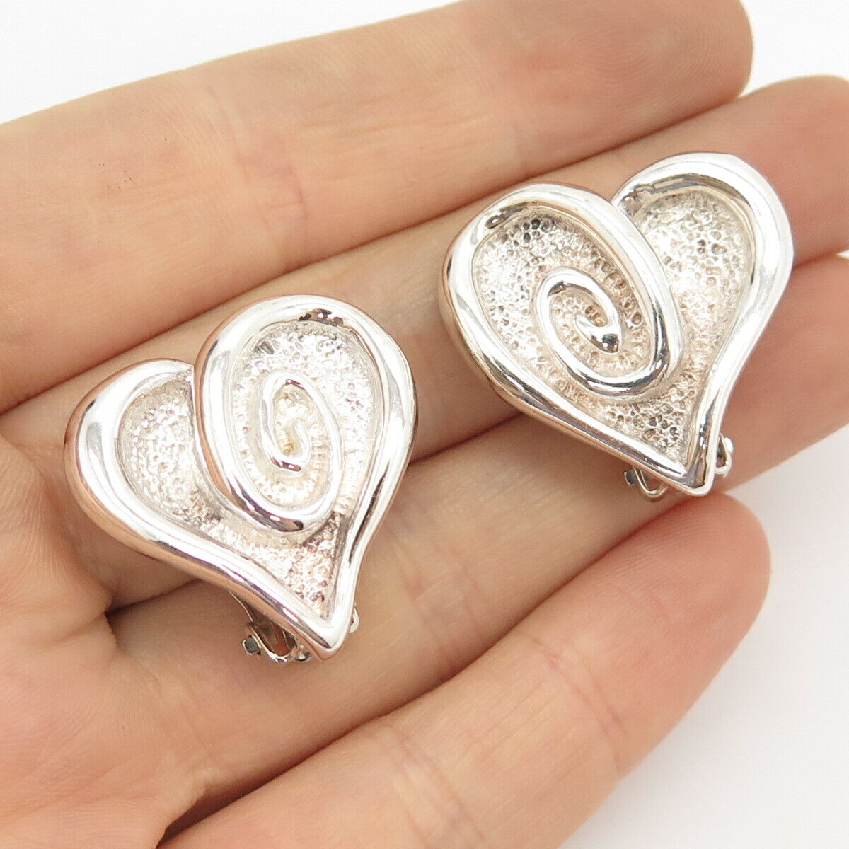 925 Sterling Silver Vintage Mexico Heart Clip On Earrings