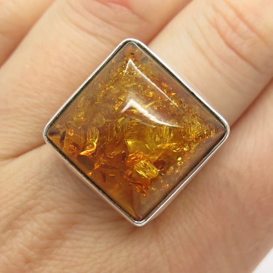 925 Sterling Silver Vintage Real Amber Ring Size 7 3/4