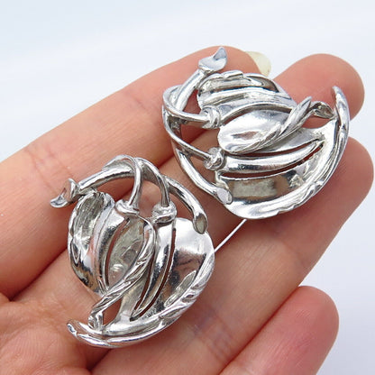 925 Sterling Silver Vintage PAT PEND Leaf Floral Clip On Earrings