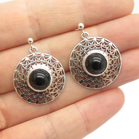 925 Sterling Silver Vintage Real Black Onyx Gem Ethnic Dangling Earrings