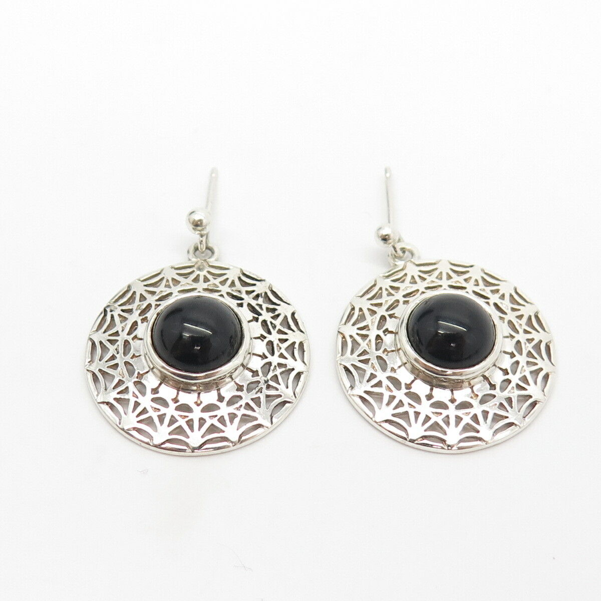 925 Sterling Silver Vintage Real Black Onyx Gem Ethnic Dangling Earrings