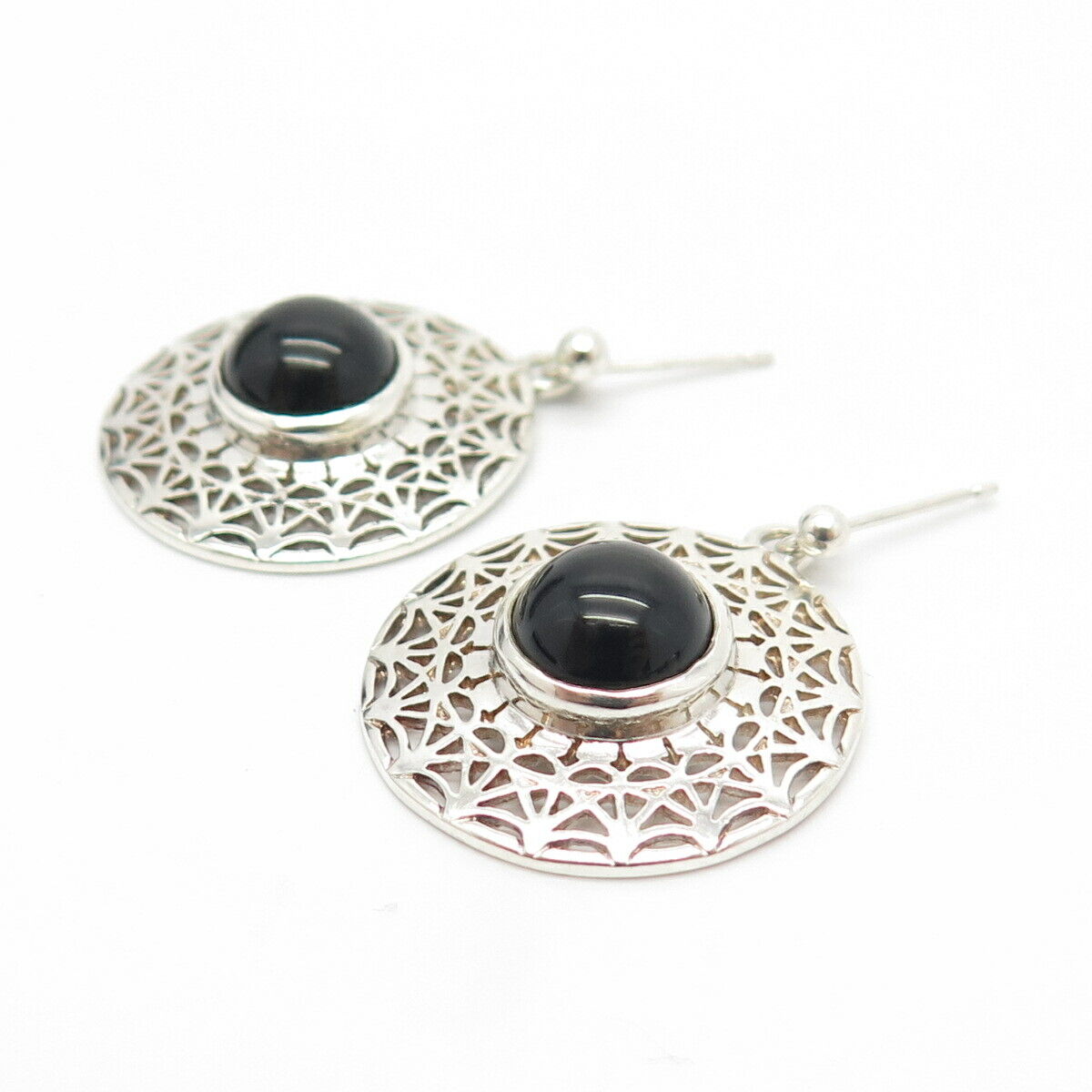 925 Sterling Silver Vintage Real Black Onyx Gem Ethnic Dangling Earrings