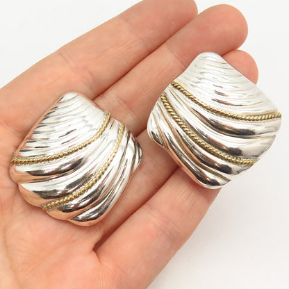 925 Sterling Silver 2-Tone Vintage Mexico Shell Design Clip On Earrings