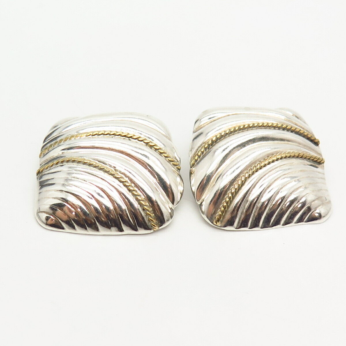 925 Sterling Silver 2-Tone Vintage Mexico Shell Design Clip On Earrings